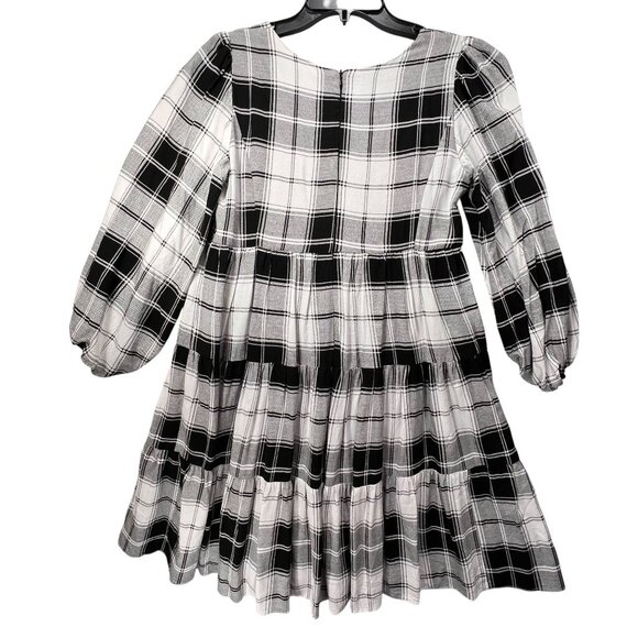 Maison Tara Plaid Tiered Dress Black White Lined Babydoll Back Zipper Short 4 - Picture 2 of 14